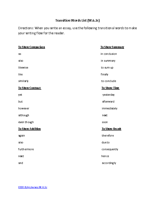 Transition Words For Essays 6th Grade