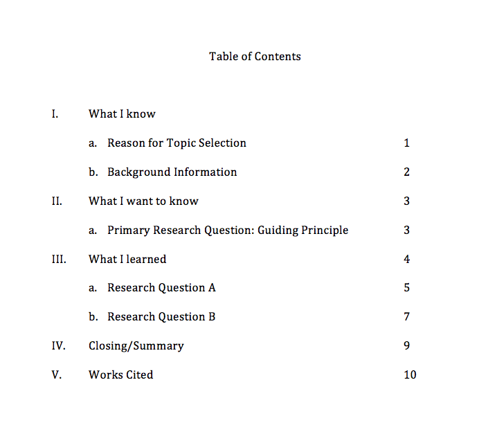 table of contents example for research paper