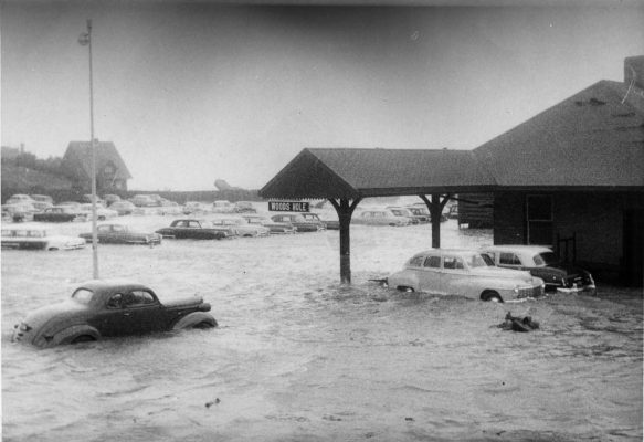 During the hurricanes of 1938, 1944 and 1954 the railroad terminal and parking area were flooded. This is during the 1954 hurricane.