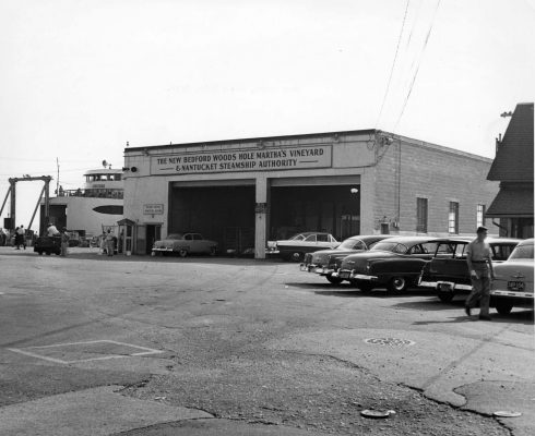 Concrete block Steamship Authority freight building, shortly after it was built in 1951.