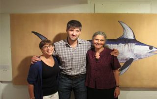 Arlene Lowenstein, James Prosek and Jennifer Gaines in front of one of Prosek’s giant fish. Photo by Bob Grosch.